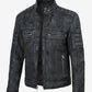 Washed cafe racer leather jacket for men, quilted shoulder detail