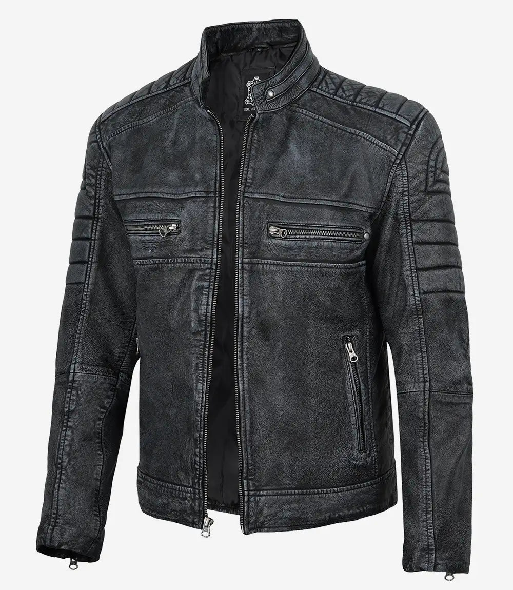 Washed cafe racer leather jacket for men, quilted shoulder detail