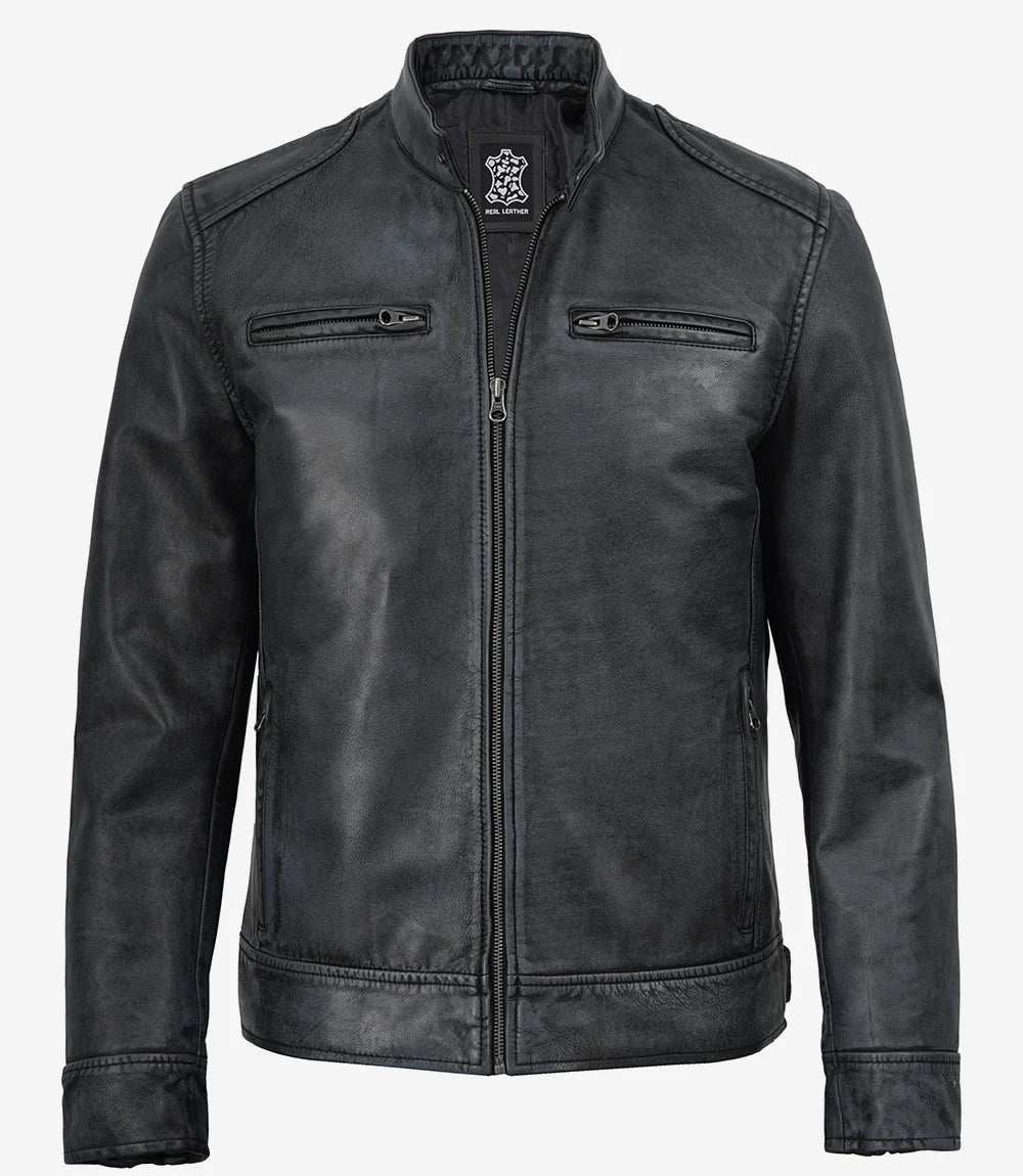 Washed leather jacket for men by NSM Jackets, chest pocket detail