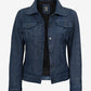Blue washed leather jacket for women, front detail