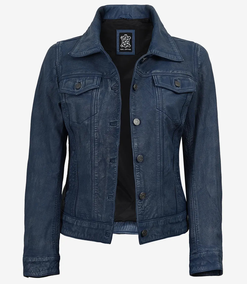 Blue washed leather jacket for women, front detail