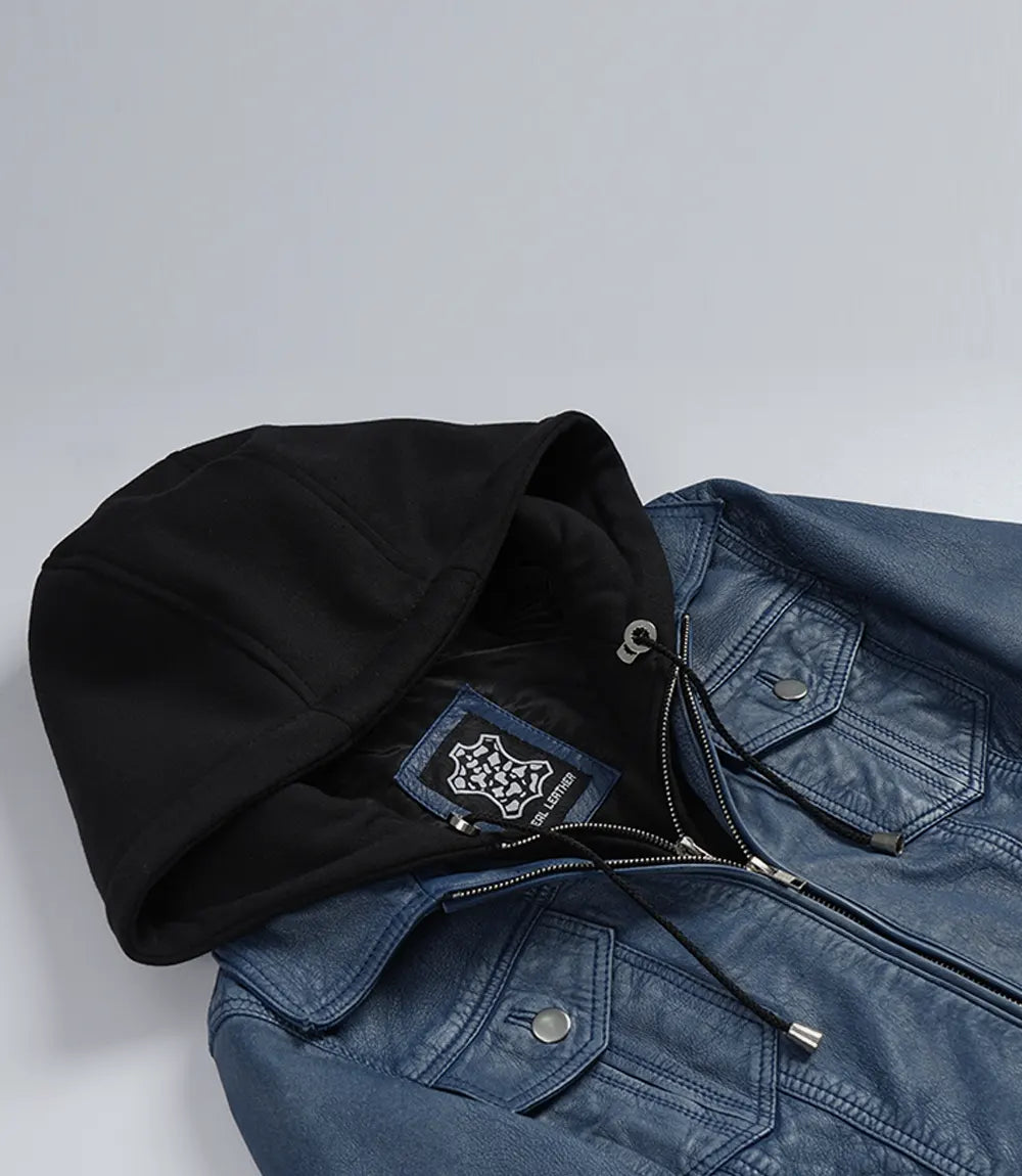 Close-up of washed blue genuine leather texture on Betty jacket