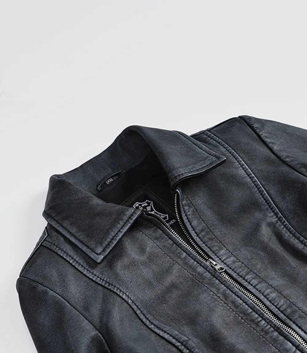 Women's washed leather jacket, close-up texture detail