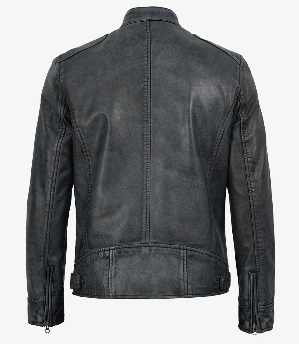 Washed black leather jacket for men, full front view