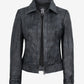 Nora women's black washed leather jacket, front view