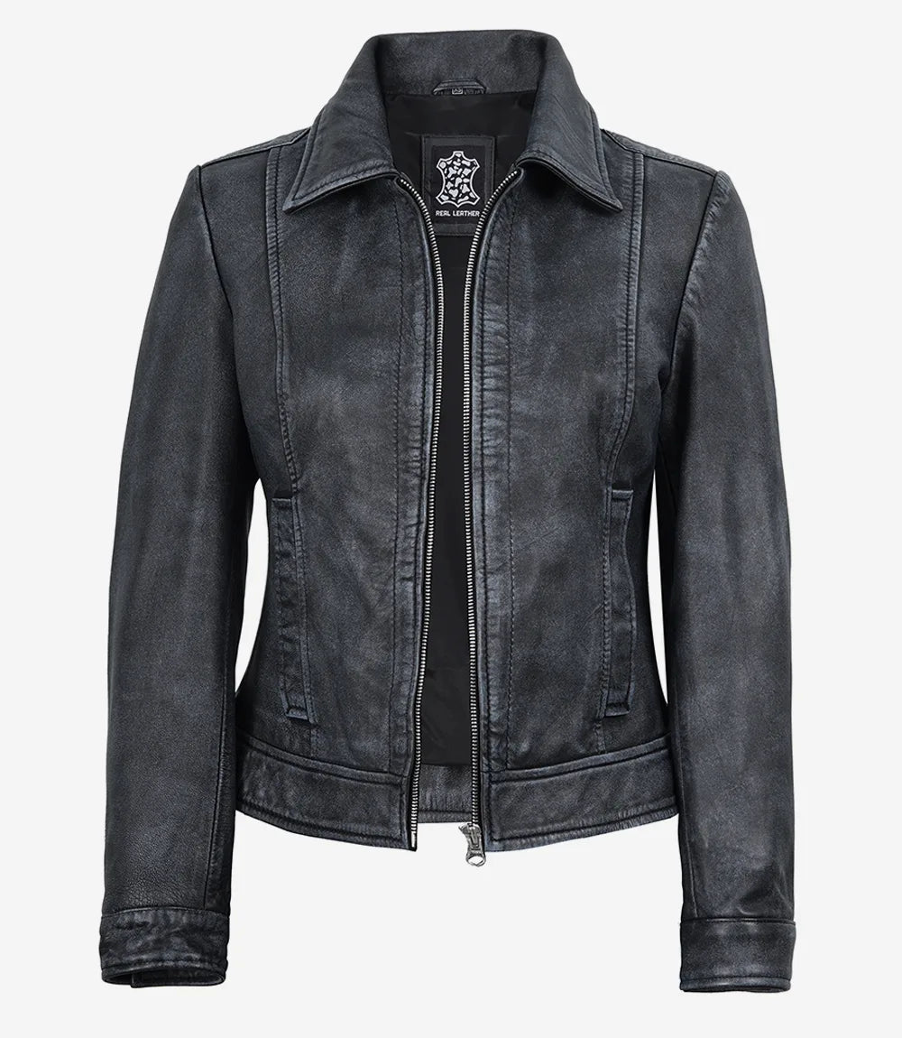 Nora women's black washed leather jacket, front view