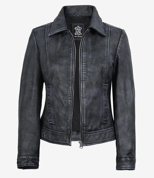 Nora women's black washed leather jacket, front view