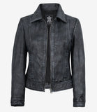 Nora women's black washed leather jacket, front view