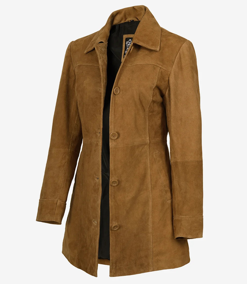 Women's Brown Suede Car Coat - Front View