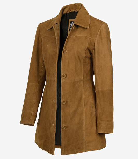 Women's Brown Suede Car Coat - Front View