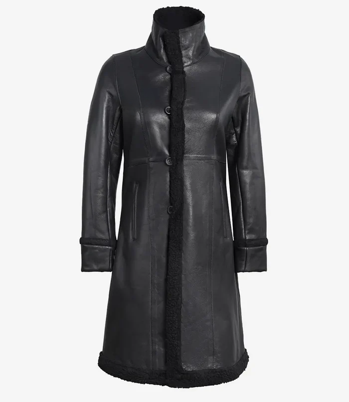 Winter Women's Black Shearling Leather Coat - Detail View
