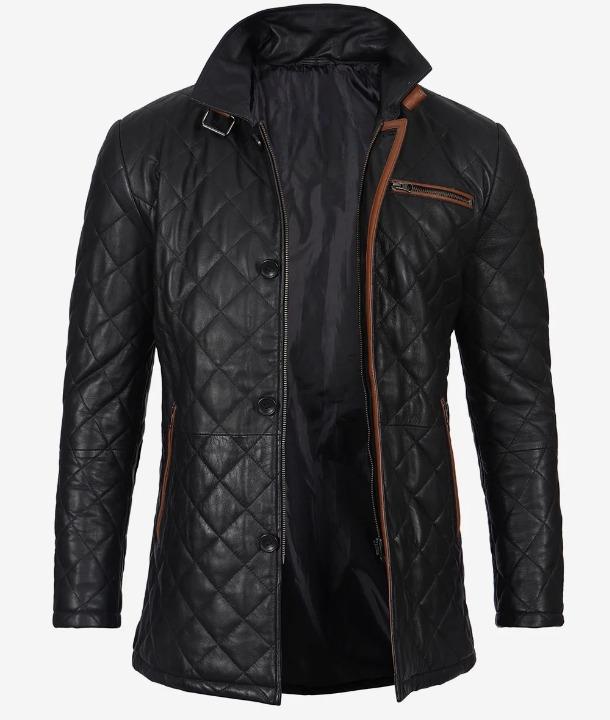 Knight Men's Black Quilted Leather Coat - Front Open View