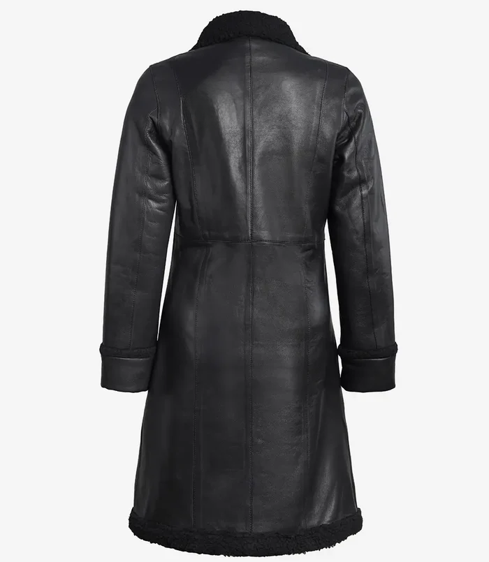 Winter Women's Black Shearling Leather Coat - Back View