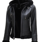 Ace Women's Black Hooded Shearling Biker Jacket - Detail View