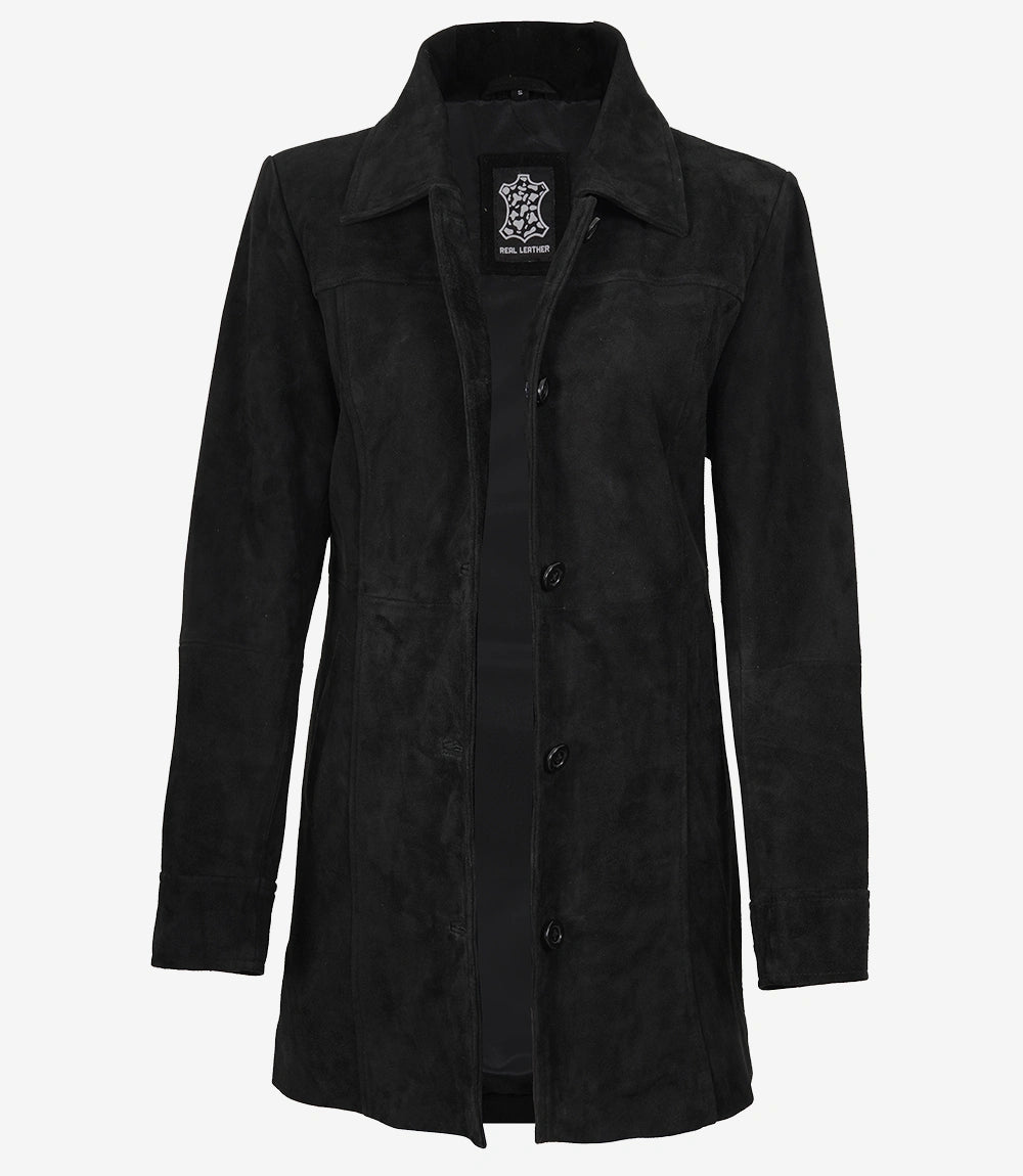 Women's Black Suede Car Coat - Front View