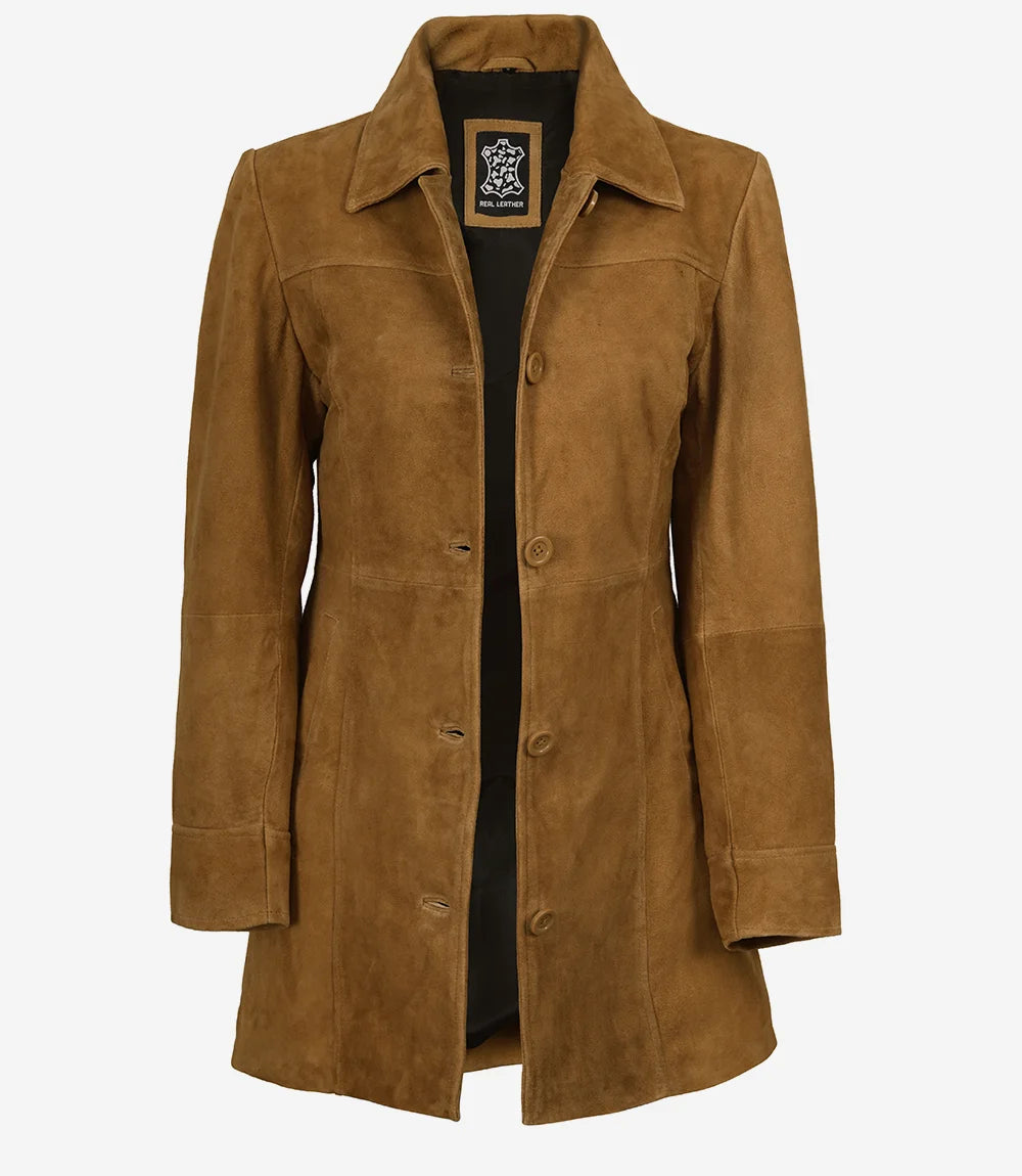 Women's Brown Suede Car Coat - Open View