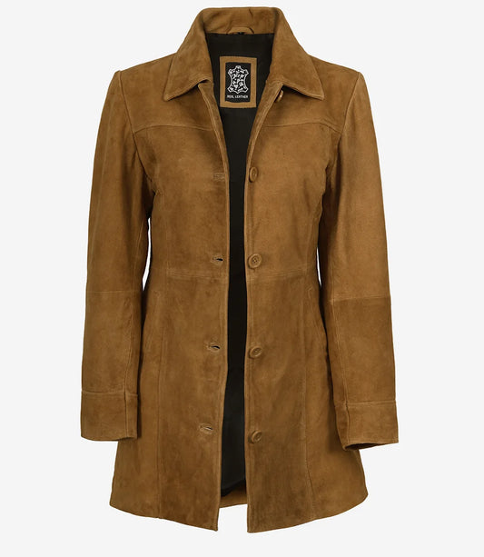 Women's Brown Suede Car Coat - Open View