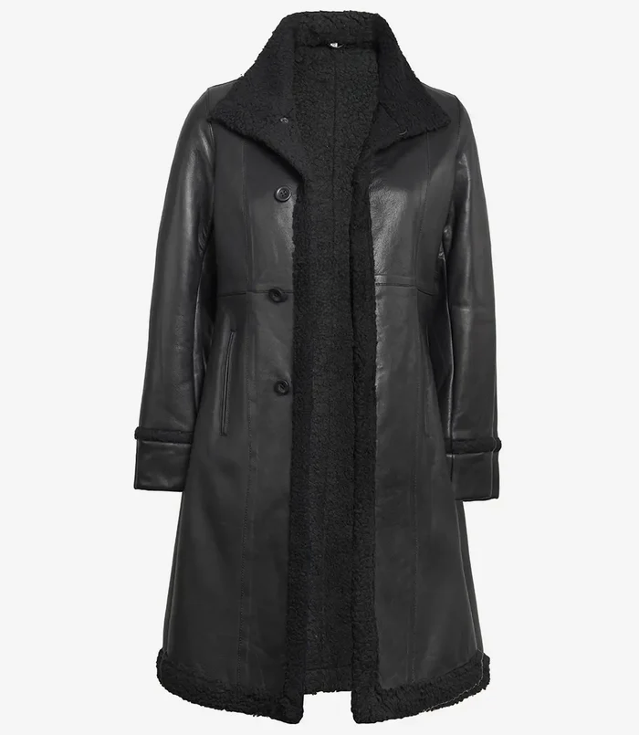 Winter Women's Black Shearling Leather Coat - Front View