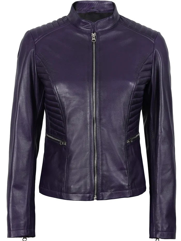 Women’s Purple Quilted Biker Leather Jacket – Front View
