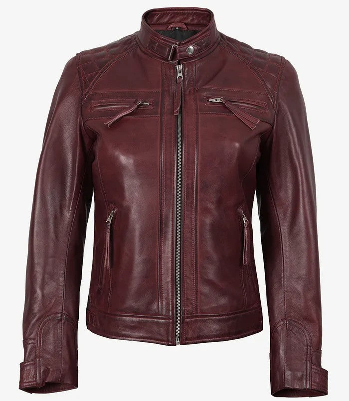 Women’s Maroon Leather Biker Jacket – Front View
