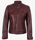 Women’s Maroon Leather Biker Jacket – Front View