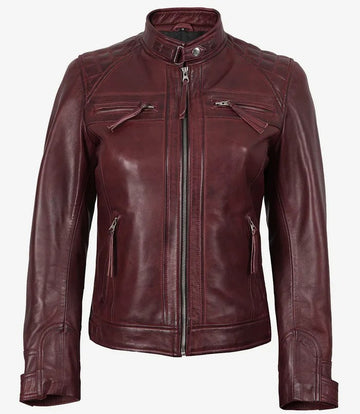 Women’s Maroon Leather Biker Jacket – Front View