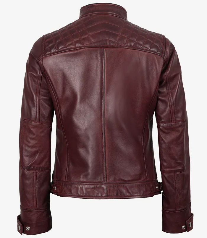 Scarlett Women's Maroon Cafe Racer Leather Jacket - Back View