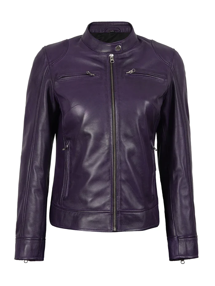 Aria Women's Purple Cafe Racer Leather Jacket - Front Closed View