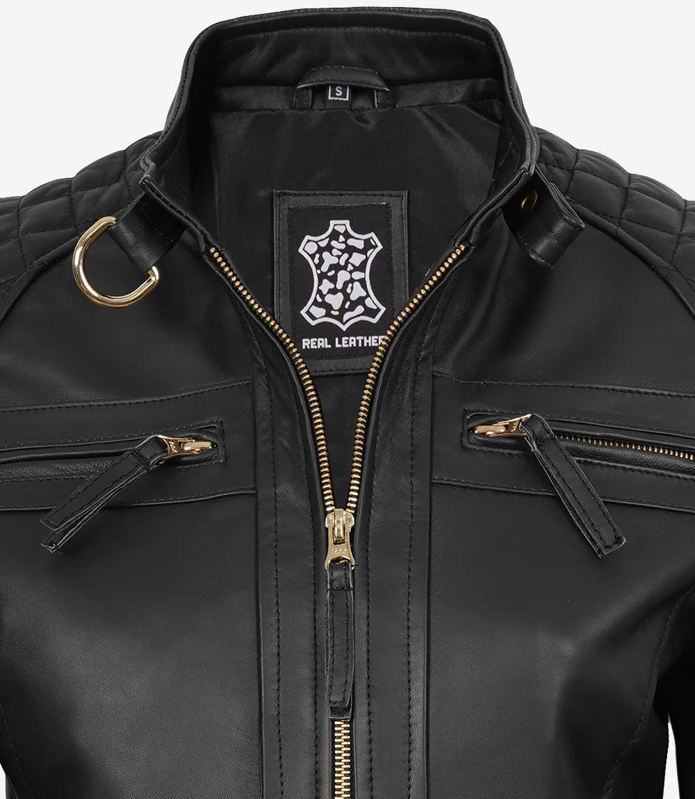 Women's black biker leather jacket, quilted shoulder detail
