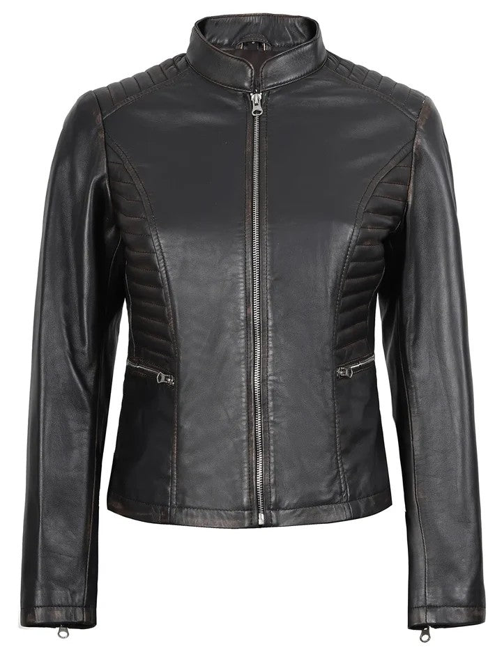 Women’s Brown Quilted Biker Leather Jacket – Front View