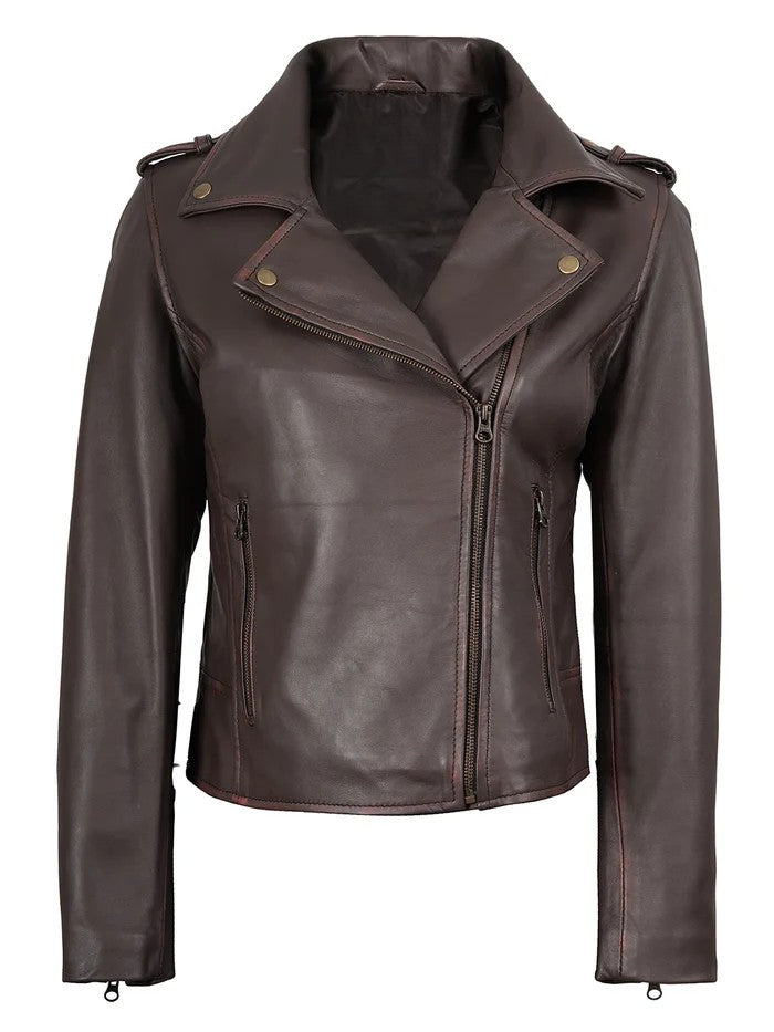 Women’s Dark Brown Biker Leather Jacket – Front View