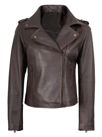 Women’s Dark Brown Biker Leather Jacket – Front View