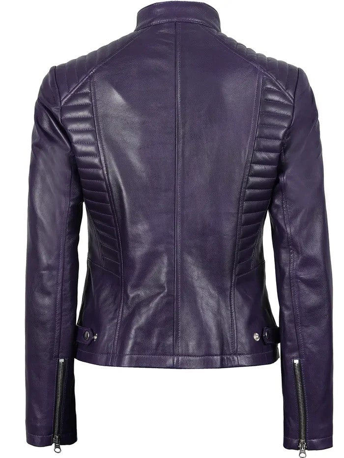 Women’s Purple Quilted Biker Leather Jacket – Front View