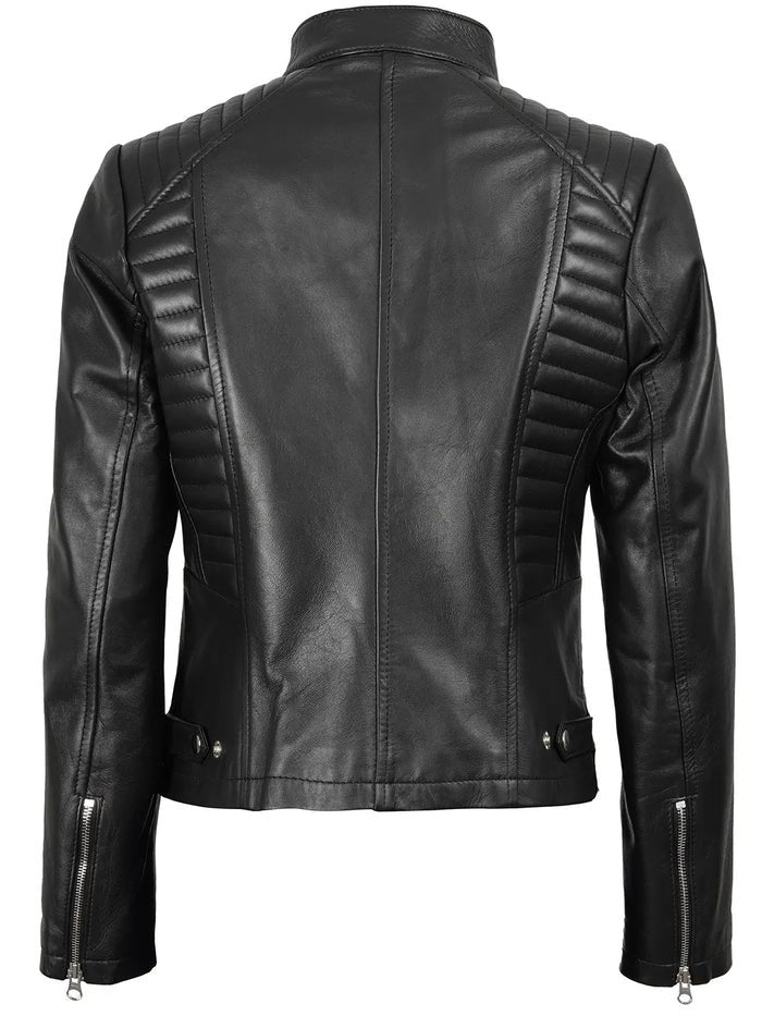 Women’s Black Quilted Biker Leather Jacket – Front View
