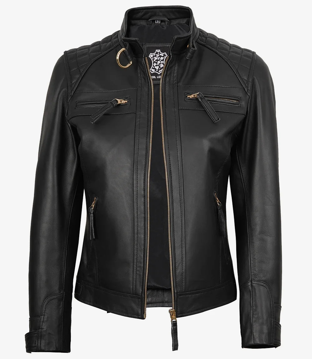 Ivy women's black leather biker jacket, front view zipped