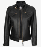 Ivy women's black leather biker jacket, front view zipped