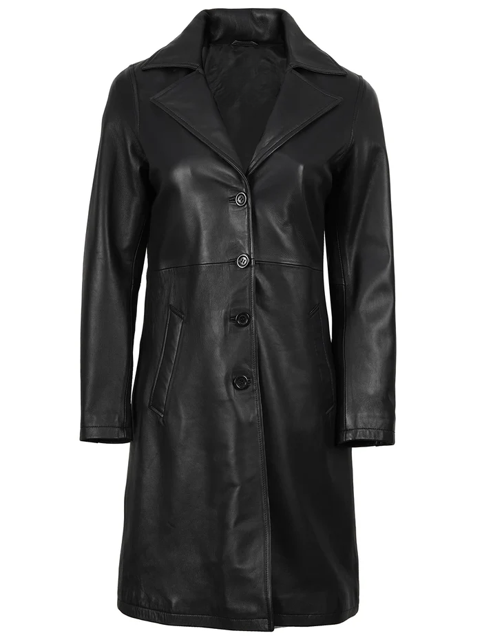 Noir Women's Black Leather Coat - Front View