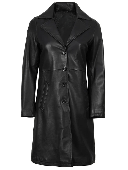Noir Women's Black Leather Coat - Front View