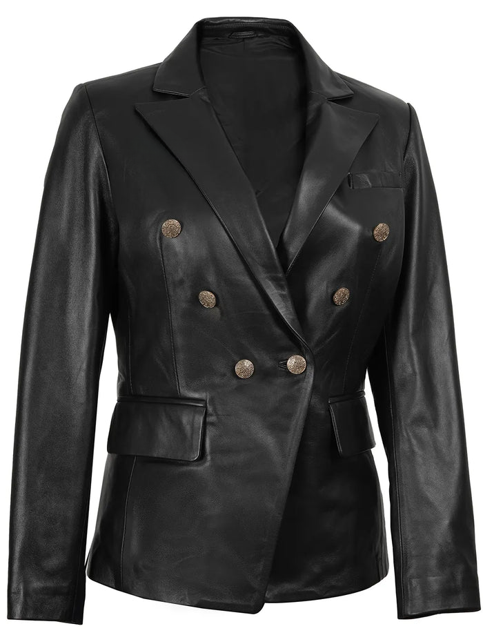 Duchess Women's Black Double-Breasted Leather Blazer - Back View