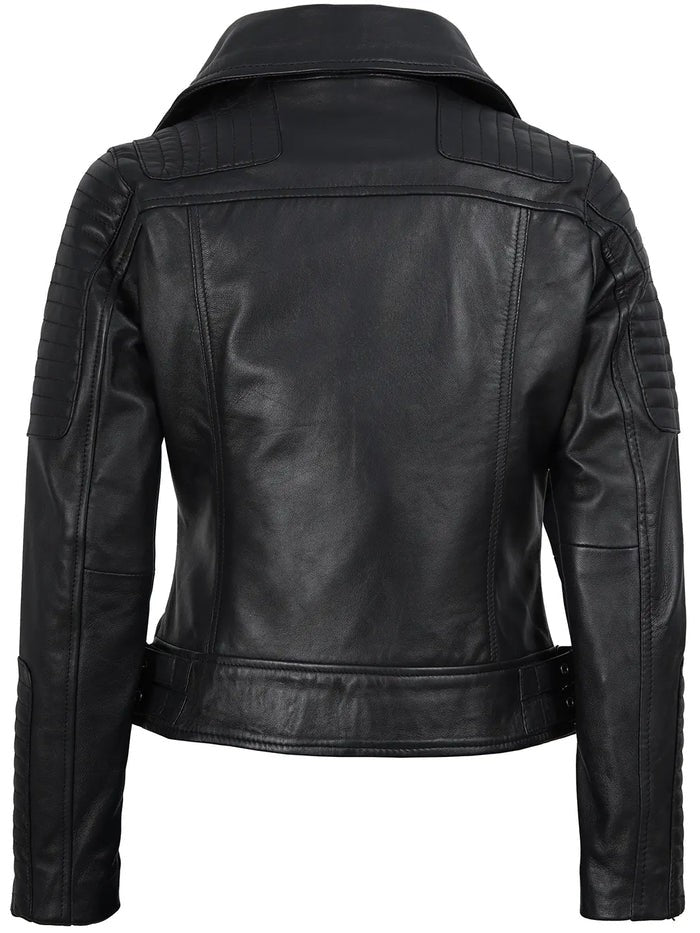 Back View of Women’s Quilted Black Leather Biker Jacket