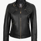 Ivy women's black leather biker jacket, D-ring collar detail
