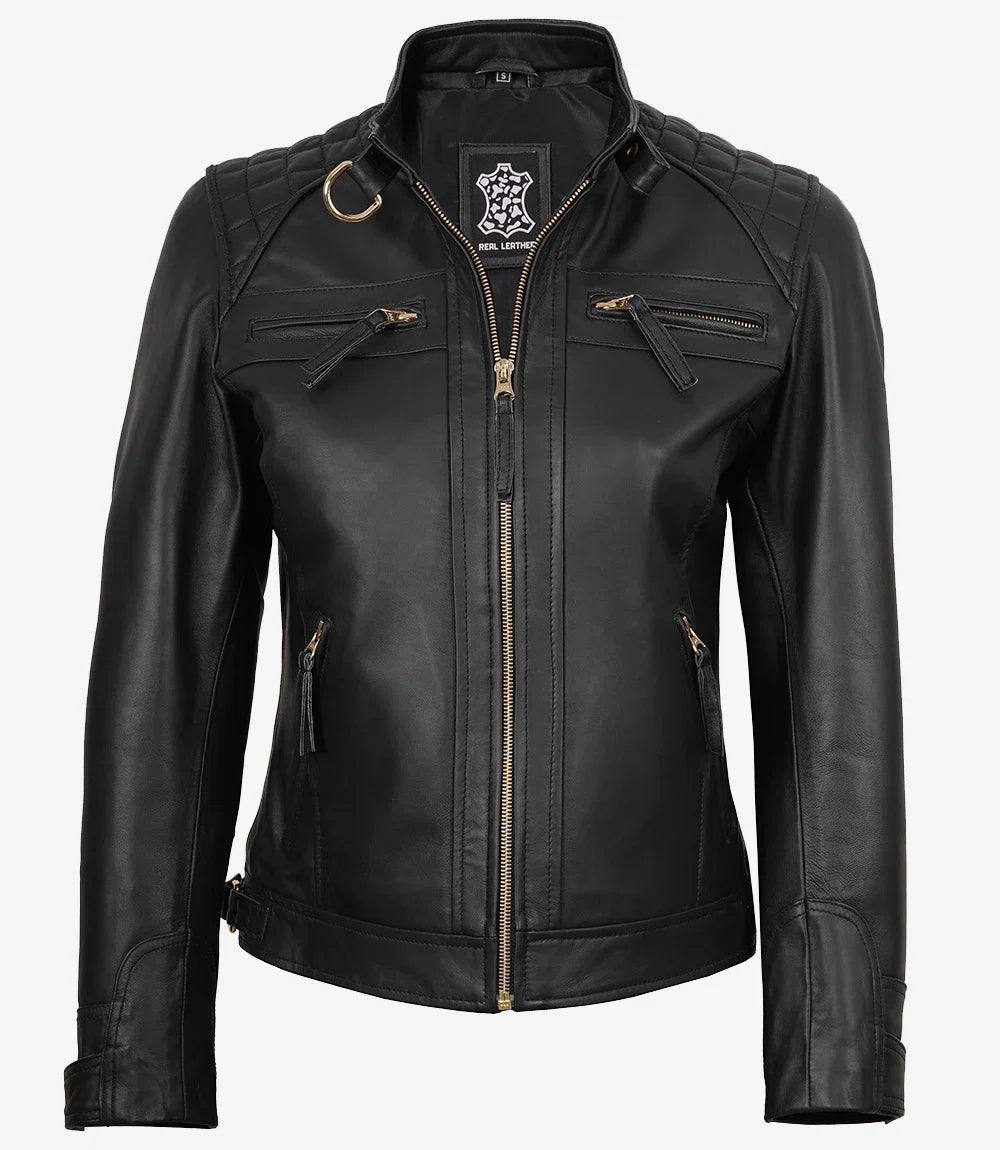 Ivy women's black leather biker jacket, D-ring collar detail