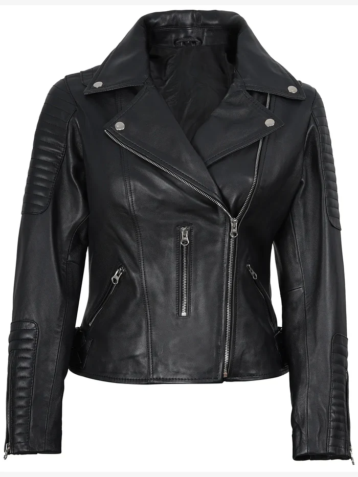 Cruz Women's Black Biker Leather Jacket - Side View