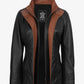 Hazel women's black leather jacket, wide lapel front view