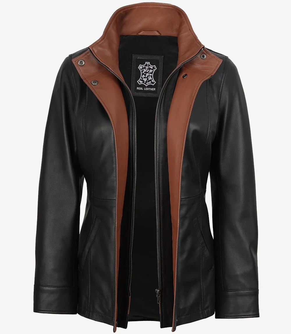 Hazel women's black leather jacket, wide lapel front view