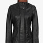 Women's black leather jacket with button closure, front detail
