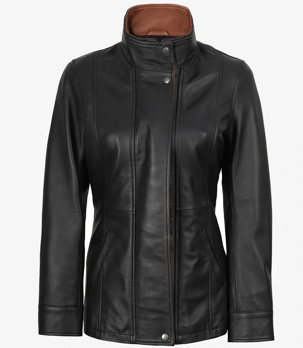 Women's black leather jacket with button closure, front detail