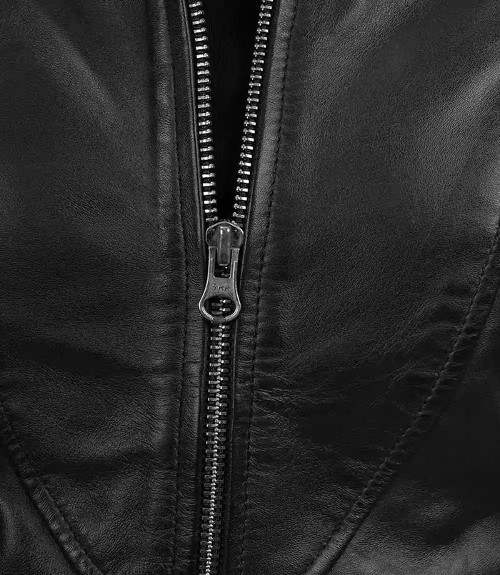 Close-up View of YKK Zipper on Women’s Black Leather Jacket
