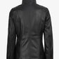 Women's black leather jacket, full front view
