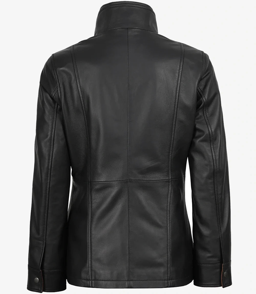 Women's black leather jacket, full front view